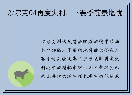 沙尔克04再度失利，下赛季前景堪忧