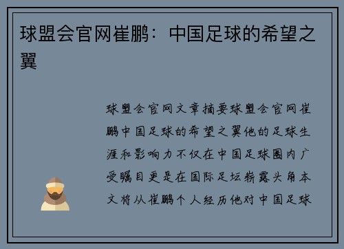 球盟会官网崔鹏：中国足球的希望之翼