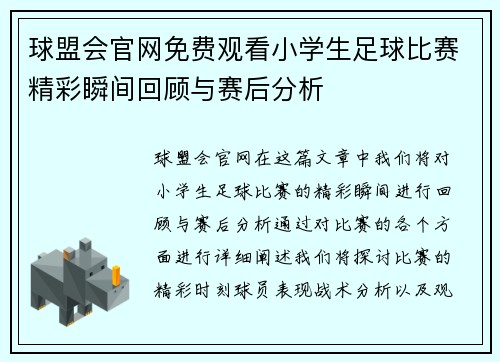 球盟会官网免费观看小学生足球比赛精彩瞬间回顾与赛后分析