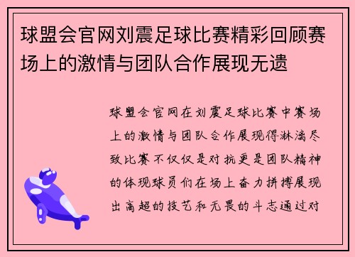球盟会官网刘震足球比赛精彩回顾赛场上的激情与团队合作展现无遗